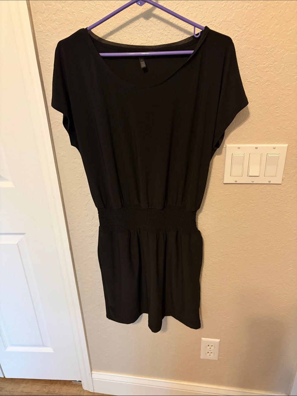 Black Short-Sleeve Smocked-Waist Tunic Dress